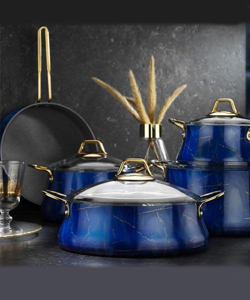 Brioni Marble 9 Parça Lacivert Tencere Seti